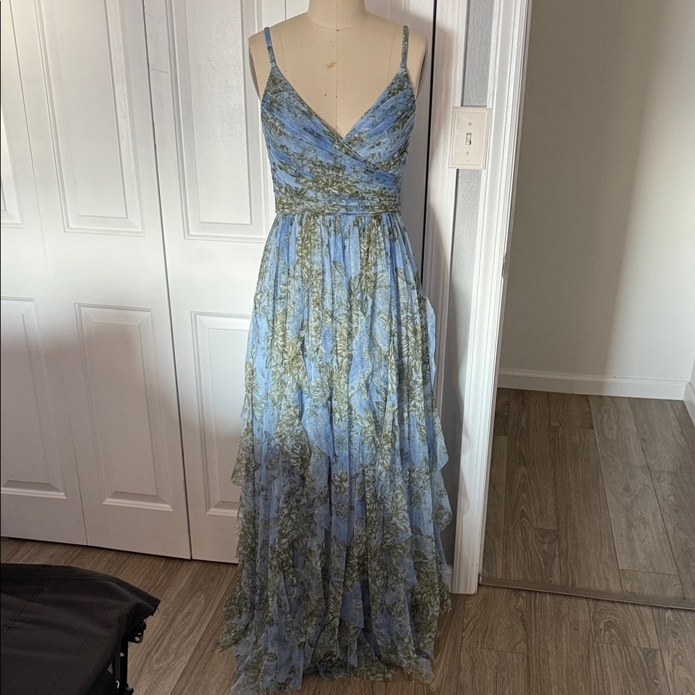 BCBG Elegant Blue and Green Floral Maxi Dress